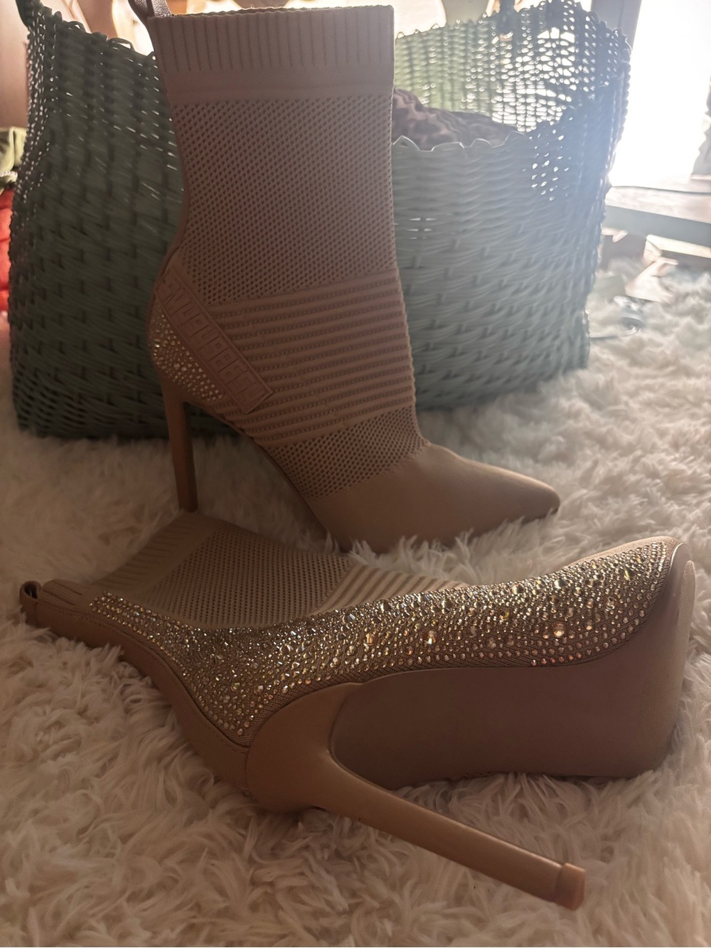 Steve Madden Beige Knit Stiletto Booties with Crystal Accent - Women Shoes SZ 10